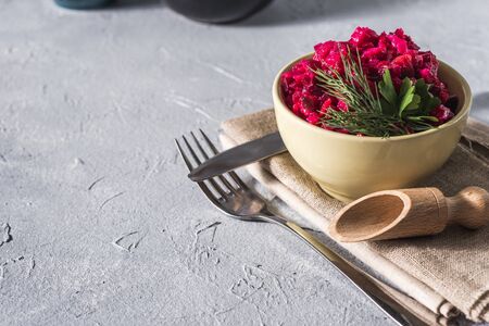 Food background. Christmas menu Beetroot salad - vinaigrette in a bowl, top view. Vegan cuisine. Diet menuの写真素材