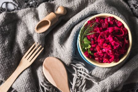 Food background. Christmas menu Beetroot salad - vinaigrette in a bowl, top view. Vegan cuisine. Diet menuの写真素材