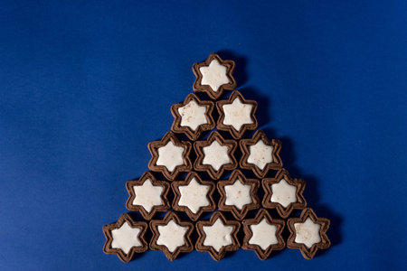 2020 New Year Alternative Christmas trees homemade cookies Christmas-tree decorations-balls lying on a blue background. Close-up, horizontal layout, copy space.の写真素材