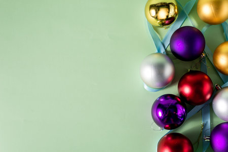 Festive Christmas or New Year background. Christmas multi-colored red blue silver and gold balls. Holiday backgroundの写真素材
