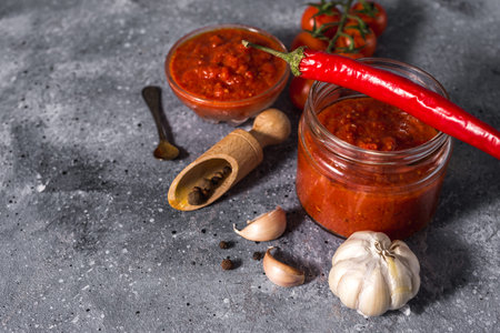Traditional mexican, georgian and arabic harissa pepper paste on a gray concrete background. Useful spicy foodの写真素材