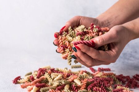 vegetarian healthy pasta, background. Copy space Vegetarian food. Delicious italian pastaの写真素材