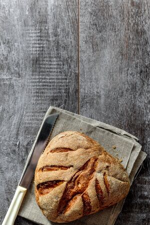 Fresh homemade buckwheat bread. healthy sourdough bread. background with place for text.の写真素材