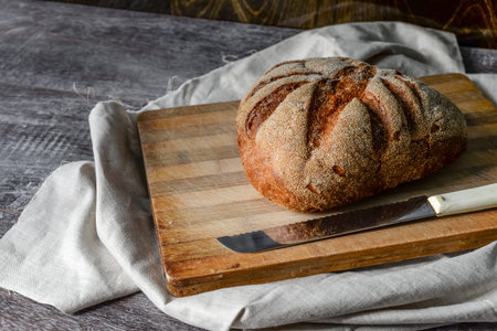 Fresh homemade buckwheat bread. healthy sourdough bread. background with place for text.