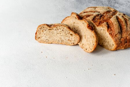 Fresh homemade buckwheat bread. healthy sourdough bread. background with place for text.の写真素材