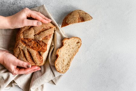 Fresh homemade buckwheat bread. healthy sourdough bread. background with place for text.の写真素材