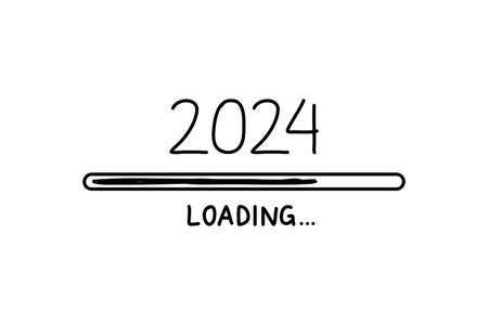 Loading process ahead of the 2024 new year. 2024 new year celebration symbol in doodle style, vector illustration. hand drawn loading symbolのイラスト素材