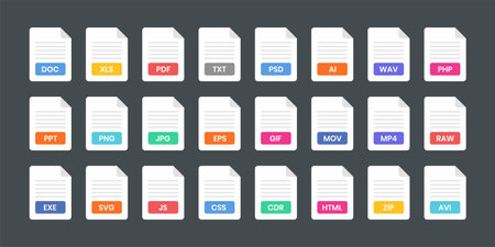 Set file icon. File and document formats in flat style design. Popular file types icon design. Video, audio, system, image, archive template design set. Vector illustrationのイラスト素材