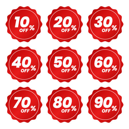 Tag sale discounts from 10, 20, 30, 40, 50, 60, 70, 80, 90 percent. Trendy red sales promotion banner element. Vector illustrationのイラスト素材