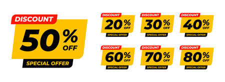 Special offer discounts starting from 20, 30, 40, 50, 60, 70, 80, 90 percent. Trendy yellow color sales promotion banner element. Vector illustrationのイラスト素材