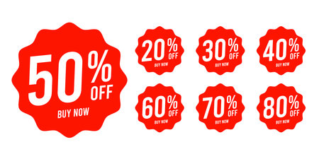 Tag sale discounts from 20, 30, 40, 50, 60, 70, 80, 90 percent. Trendy red sales promotion banner element. Vector illustrationのイラスト素材