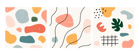 Set of three abstract patterns. Hand drawn various shapes and doodle objects. Abstract contemporary modern trendy vector illustration. Stamp texture. Vector illustrationのイラスト素材