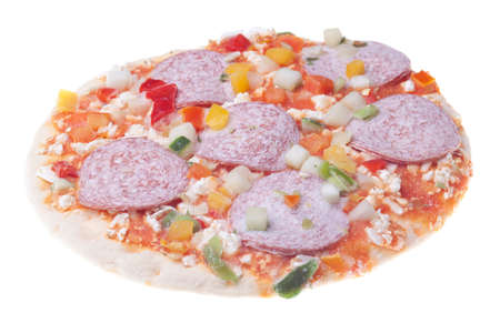 Frozen pizza with salami and vegitablesの写真素材