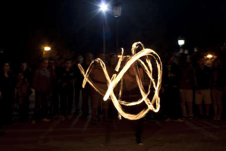 VELIKO TARNOVO, BULGARIA - CIRCA MARCH 2012 - Young group perform a fire show at the city center circa March 2012 in Veliko Tarnovo.のeditorial素材