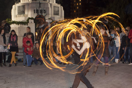 VELIKO TARNOVO, BULGARIA - CIRCA MARCH 2012 - Young group perform a fire show at the city center...