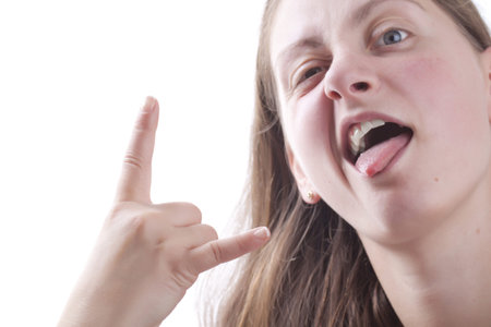 Woman's showing metal sign. Isolated on white.