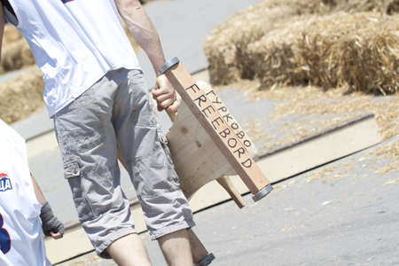 VELIKO TARNOVO, BULGARIA - 5 MARCH 2012 - Red Bull Lagernica race show with funny skates 5 March 2012 in Veliko Tarnovo.のeditorial素材