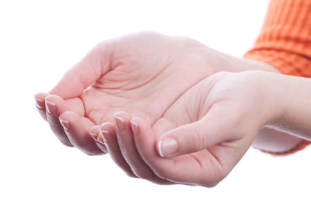 woman hands holding nothing on whiteの写真素材
