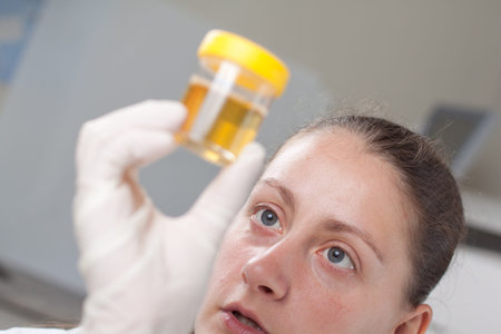 Woman examin urine container in laboratory environmentの写真素材