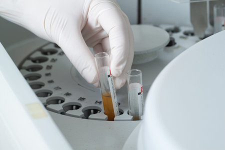 Woman loading simples in biochemical analyzer. Laboratory equipment.