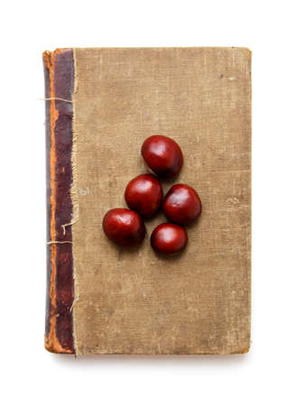 chestnut fruits on old book, isolated on white backgroundの写真素材