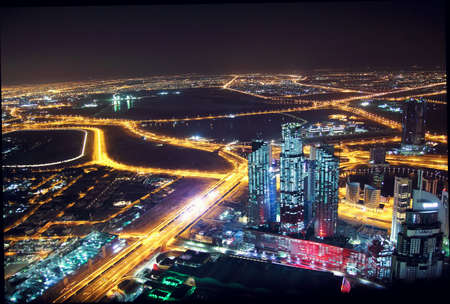DUBAI, UAE - JANUARY 28: Top view of the coast in Dubai at night on January 28, 2017, Dubai, UAE.のeditorial素材