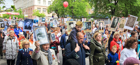 KURSK, RUSSIA - May 9,2017: People in the crowd participating in Immortal Regiment procession in...