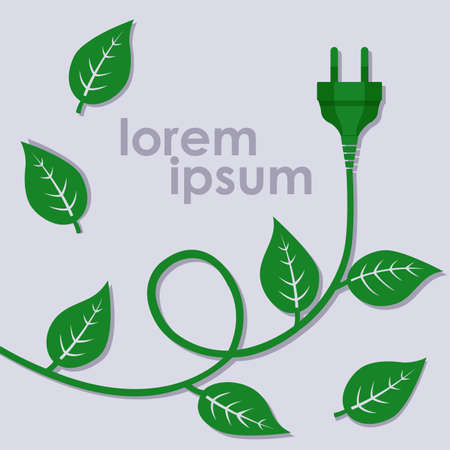 Green electric wire with a plug and leaves on it. Environmental conceptual background with copy space. Eco friendly world concept. Vector illustration, flat design.のイラスト素材