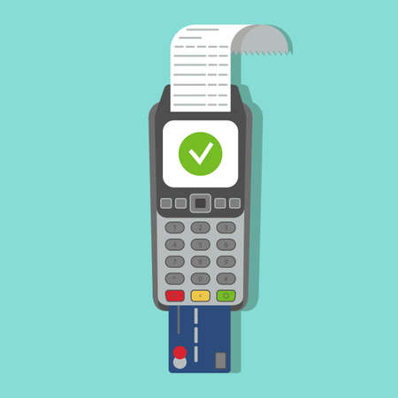 Payment terminal. POS machine with credit card in it and printed reciept. Vector illustration, flat style.のイラスト素材
