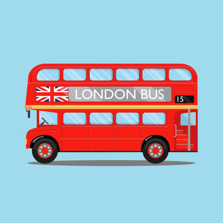 London city bus on blue backgound. Red double-decker bus, with British flag on it, side view. Vector illustration, flat style.のイラスト素材