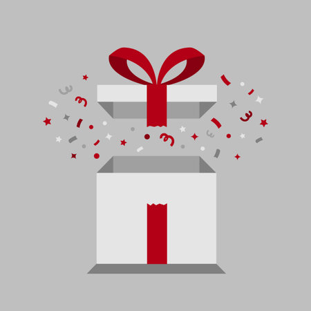 Opened surprise gift box and confetti. Vector illustration.