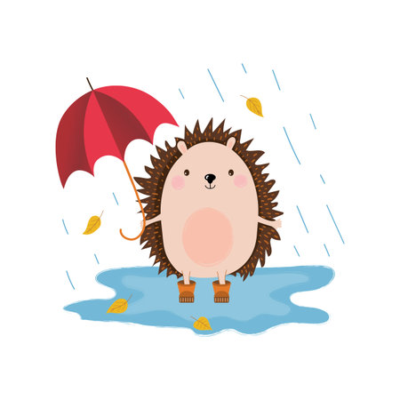 Cute hengehog with umbrella in the autumn rain. Animal cartoon character. Vector illustration.のイラスト素材