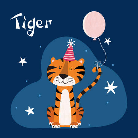 Cute tiger. Vector illustration. New year or birthday party card with tiger in a party hat with a balloon.のイラスト素材