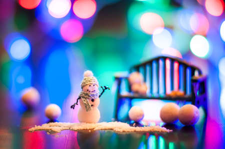 New Year, design photo mysterious bright night snowman bench copy space. Mockup for postcard. Hand Maid, miniatureの写真素材
