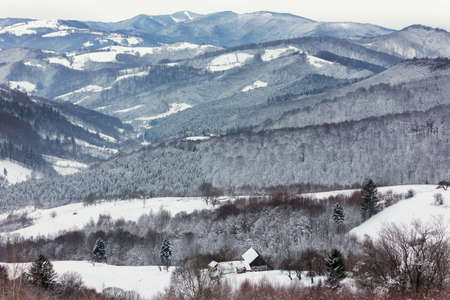 Beautiful winter landscape of the transylvanian villageの写真素材