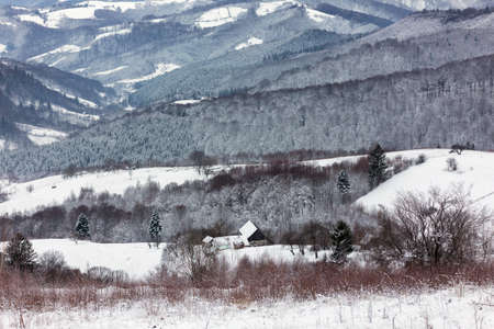 Beautiful winter landscape of the transylvanian villageの写真素材