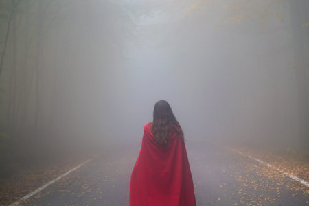 Red Riding Hood portrait in the autumn foggy forest