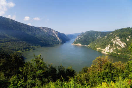 Summer landscape of Danube Gorge, at the border between Romania and Serbia. Mraconia orthodox monasteryの写真素材