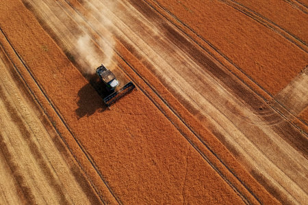 Summer view of combine harvester machine, in the romanian fields. Aerial view of harvestersの写真素材