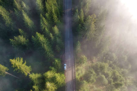 Aerial view of the mountain road, in Bucovinaの写真素材