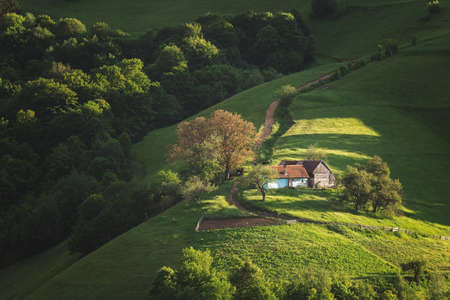 Beautiful summer green hills in Transylvania. Sunrise landscape in the Romanian mountain villageの写真素材