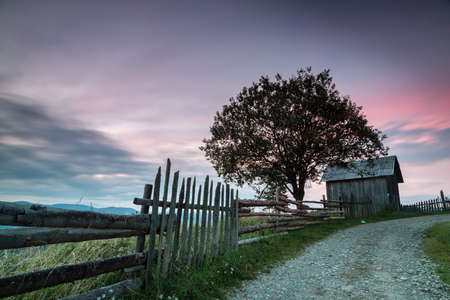 Summer foggy sunrise in the Carpathian hillsの写真素材