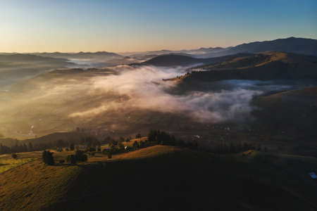 Aerial view of the mountain village in Bucovinaの写真素材