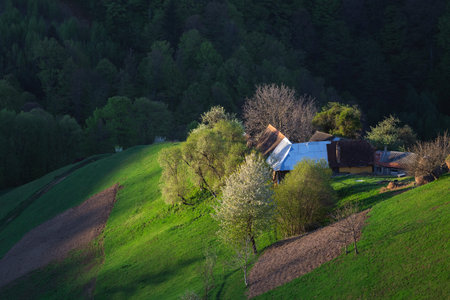 Rural mountain landscape with remote Romanian village uphill in the valleys of Carpathian mountains,...