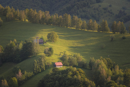 Beautiful summer landscape in the Carpathian Mountains, Transylvania. Sunset scene of a small...