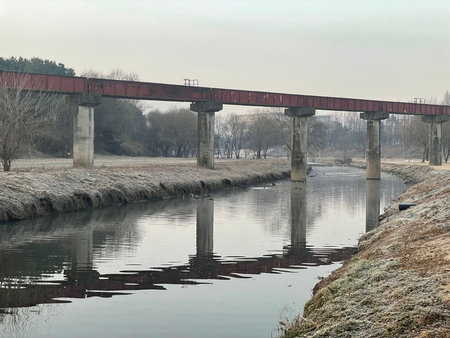 Bridge over the river in the winter. Russia, Moscow region.の写真素材