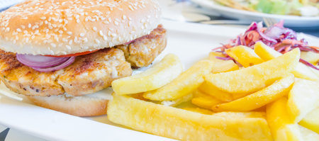 Chicken burger with onion tomatoes coleslaw cabbage salad ande french fried potatoes in a closeup...