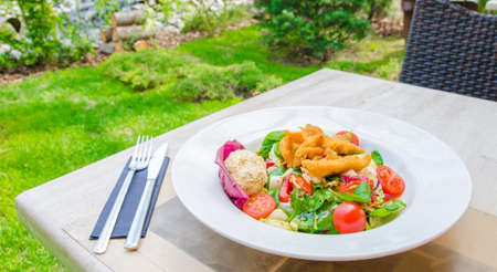 Chicken salad with tomatoes and salad in a white plate at a terrace with fresh green grass on a sunny summer dayの写真素材