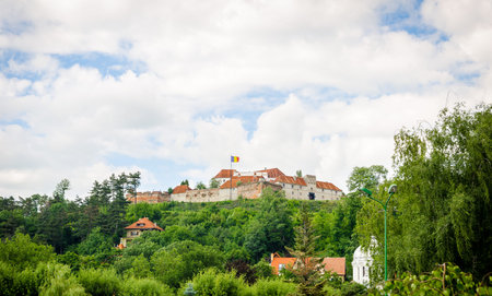MEdieval fortress of Brasov walls in Transylvania region of Romania with high defence walls and...