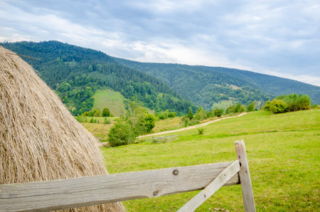 Rural countryside view with a hay stack and wood fence in the front and a forest on the mountain on the backの写真素材